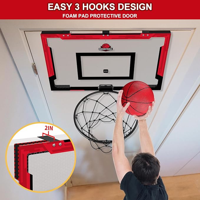 24" x 16" Large Basketball Hoop Indoor for Adults, Over The Door Basketball Hoop with Sturdy Backboard, Big Basketball Toys Gifts Ideas for Man Kids Teens Boys Girls, Red