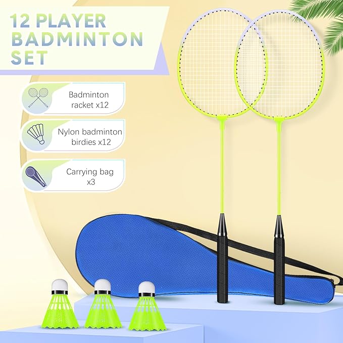 12 Pack Badminton Rackets Set Including Rackets, Nylon Shuttlecocks and Carry Bag for Outdoor Backyard Games Beginners