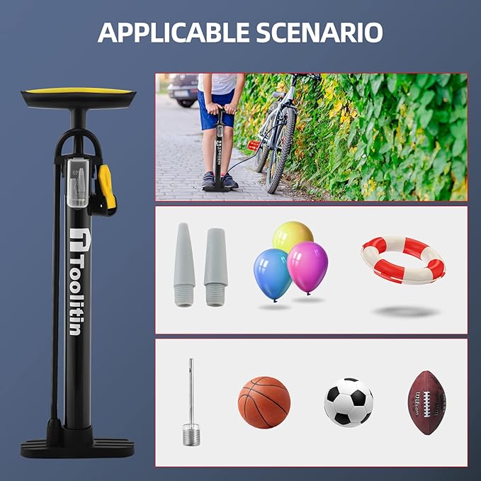 Bike Pump with Gauge,High Pressure,Floor Bicycle Pump Compatible with Presta and Schrader Valve,Bike Tire Pump for Road Bike,MTB,Hybrid,Balls…
