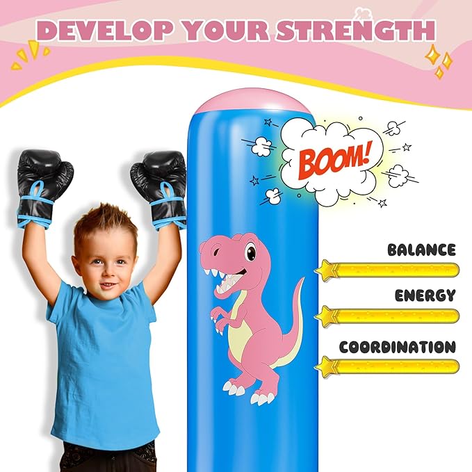 QPAU Inflatable Punching Bag, 48 Inch Stable Inflatable Boxing Bag for 3-6 Kids,Dinosaur Toy & Gifts for Boys and Girls, Kids Boxing Set for Practicing Karate, Taekwondo