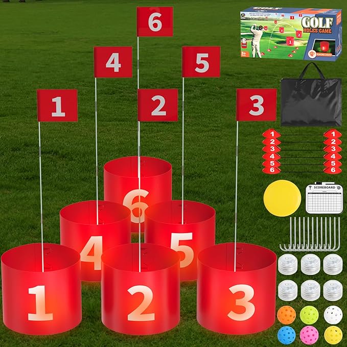 FOOING Golf Games, Golf Yard Set with LED Light, Portable Golf Practice Outdoor Games 6 Hole Set, Golf Simulators for Home Adults Kids Lawn, Beach, Yard, Camping
