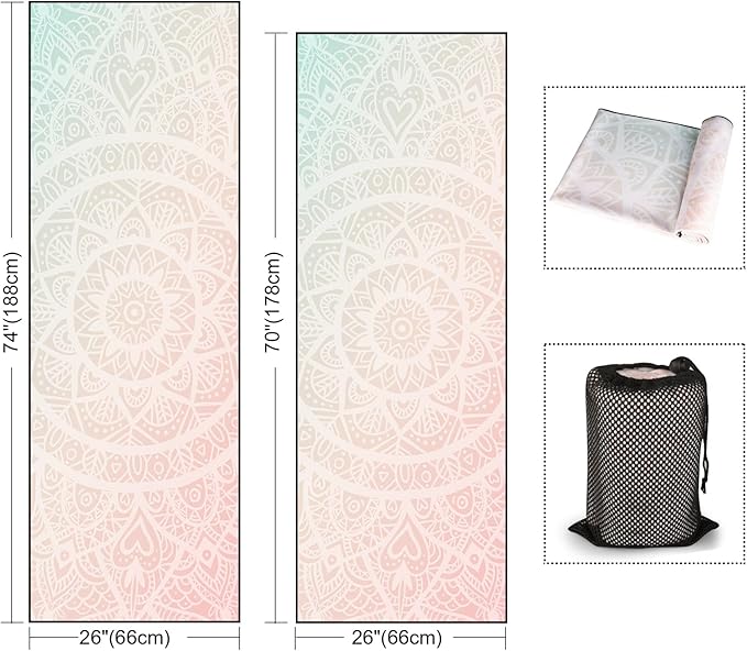 Colorful Star Large Yoga Towel with Corner Pockets, Non Slip Grip Dots Sweat Absorbent Hot Yoga Mat Towels, Yoga Blankets with Travel Bag, Mat Cover for Workout, Gym, Fitness - 74"x26", Pink Mandala