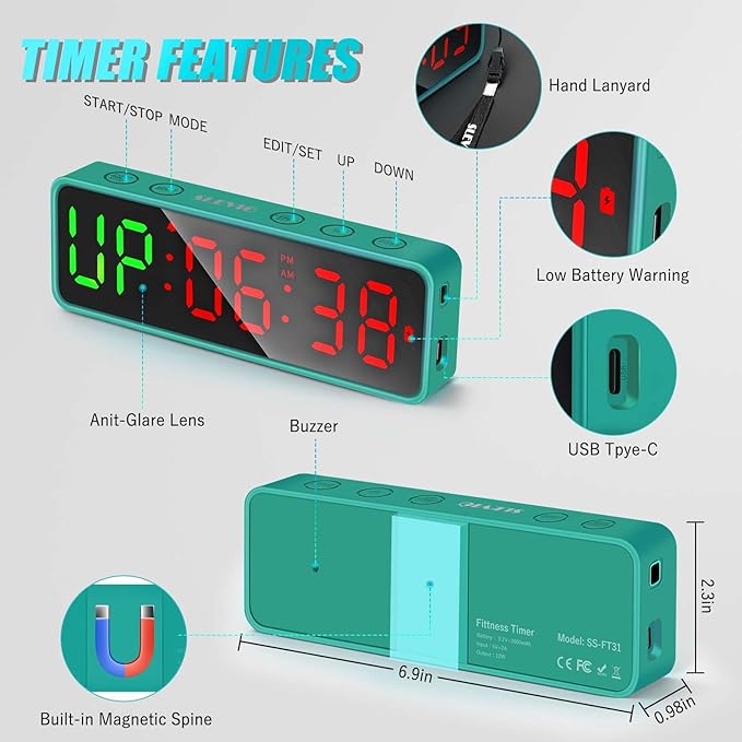 Small Gym Timer Clock Stopwatch Magnetic Workout Interval Timer, Large LED Digital Display, Home Accessories Countdown Clock for Home Gym Garage Schools