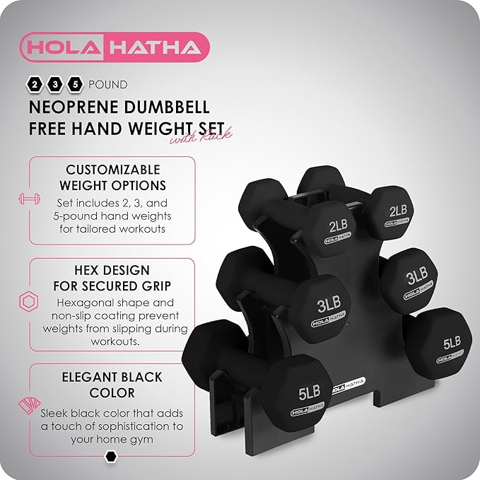 HolaHatha 2, 3, 5, 8, and 10 Pound Neoprene Dumbbell Free Hand Weight Set with Rack, Ideal for Home Exercises to Gain Tone and Definition, Pastel