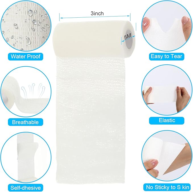 Treela 48 Pack Self Adhesive Wrap Bandage Bulk, Self Adherent Cohesive Bandage Elastic Athletic Tape Breathable Wound Tape for Stretch Athletic Sports Wrist Ankle(White,3 Inch X 5 Yard)
