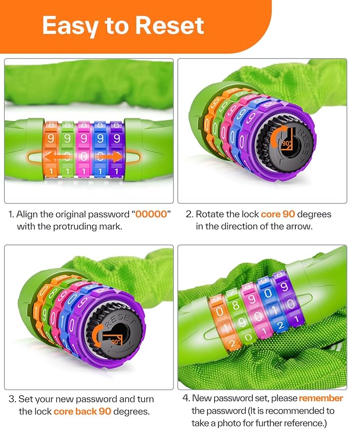 Sportneer Bike Lock: 5 Digit Combination High Security Anti Theft Bike Chain Lock - 3.2/3.6/4ft Heavy Duty Keyless Bicycle Lock for Bike, Motorcycle, Scooter, Door & Gate - 4/6mm Thick, Easy to Use