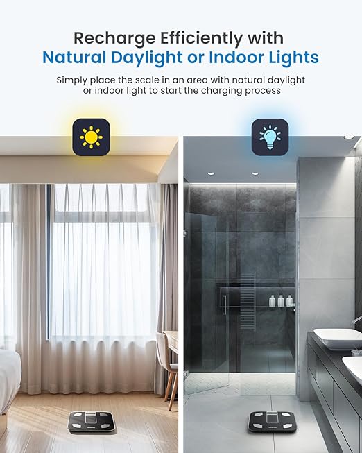 RENPHO Smart Scale with Endless Power, Solar-Powered Scale for Body Weight, No Batteries Needed, Digital Bluetooth Body Fat Scale, Body Composition Monitor with Smart App, 400 lbs-Elis Solar 1