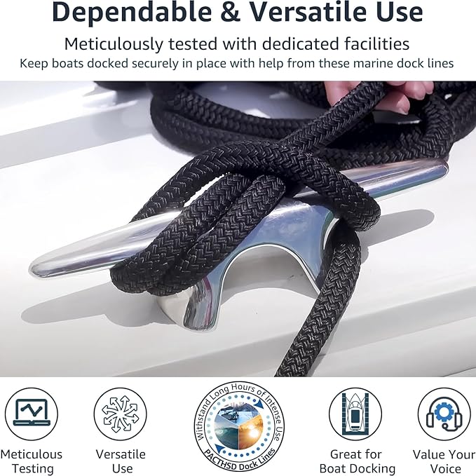2 Pack 3/4" x 35' Dock Lines - Marine Grade Nylon Boat Rope with 18" Loop for Docking and Mooring - Double Braided Boat Lines, High Strength, Easy Handling, Heavy Duty, Fray Resistant - Black