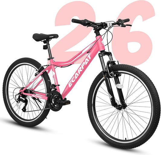 24 26 Inch Women Girls Mountain Bike, Disc/V Brakes 21 Speeds Women Bike, Sturdy Steel Frame and Suspension Fork, Stylish Adult and Teens Bicycle for Urban Trail Snow Commuter