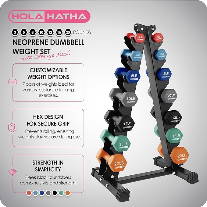 HolaHatha 2, 3, 5, 8, and 10 Pound Neoprene Dumbbell Free Hand Weight Set with Rack, Ideal for Home Exercises to Gain Tone and Definition, Pastel