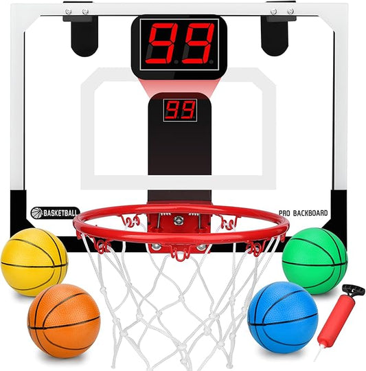 Pro Indoor Mini Basketball Hoop Set for Kids Adults, Over Door Automatic Scoring Basketball Hoop with 4 Rubber 6" Balls, Boost Wall Mount Basketball Hoops with Electronic Scoreboard Large Dunk Rim