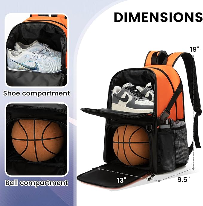 Basketball Bag Backpack with Ball Holder and Shoes Compartment,Best for Basketball, Soccer, Volleyball, Gym. (ORANGE)