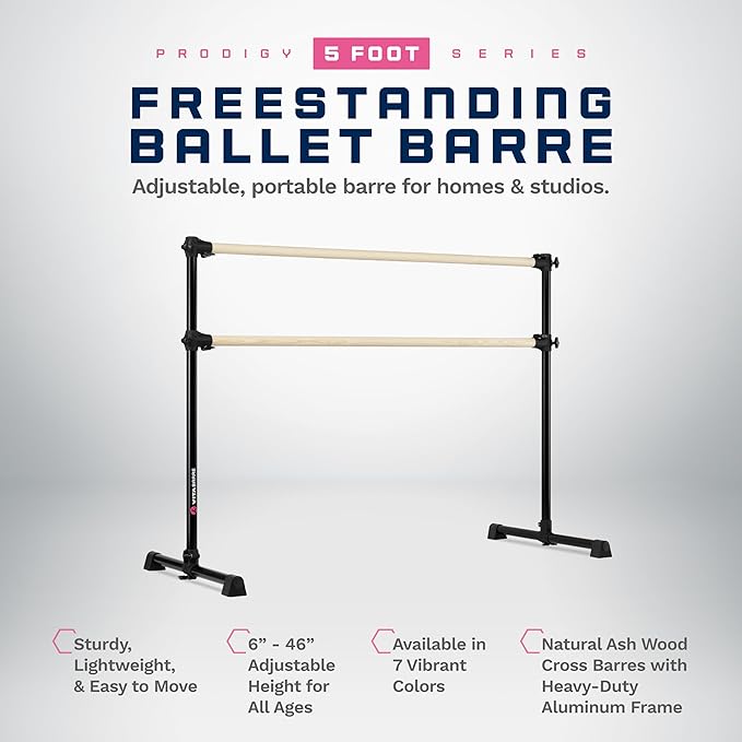 VITA Barre Portable Freestanding Double Ballet Barre, Prodigy, Wood | Adjustable Height, USA Made, Home or Gym Exercise Equipment for Kids & Adults | Dance, Fitness, Pilates