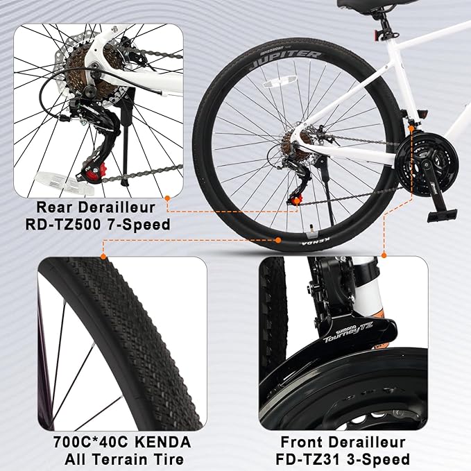 AVASTA Jupiter 700C Road Adult Step-Over Hybrid Cycling Bike Bicycle, Aluminum Frame, 21-Speed, Dual Disc Brakes, Multpile Colors for Men Woman Male Female