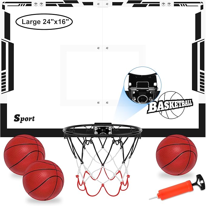 Large Indoor Mini Basketball Hoop Set for Kids and Adult 24 X 16 Inch Board Family Games for Home and Office Door & Wall with 3 Balls and Complete Accessories, Basketball Toy Gift for Boys Girls Teens