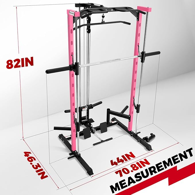 RitFit Smith Machine Power Rack with LAT-Pull Down System, Landmine, Barbell Bar, Plate Storage Pegs and More Training Attachment