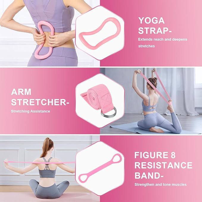 Home Pilates Essentials Kit for Women, Pilates Equipment Ring and Ball Set, Pink Workout Set Including Magic Circle, 5 Loop Bands ,Massage Ball, Premium Kits for Starter Toning Workouts at Home