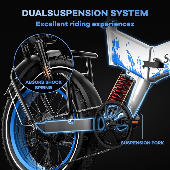 1500W Folding Electric Bike for Adults, 52V 20AH Large Removable Battery E Bike, 30+MPH, 80 Miles Max Range, 20" x4.0 Fat Tire Ebike, Dual Suspension Commute Electric Mountain Bicycle