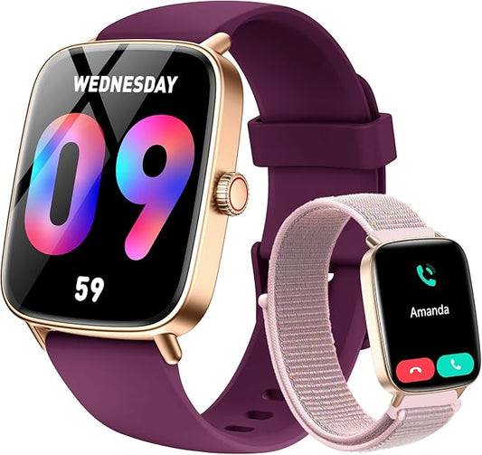 Tensky Smart Watch for Women Android & iPhone, 1.85" Touch Screen Fitness Tracker with Answer/Make Call, IP68 Waterproof 24/7 Sleep/Health Monitor, Pedometer, 100+ Sport Modes (2 Bands)