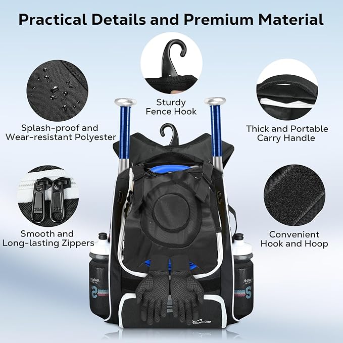MoKo Baseball Bag, Softball Bag with External Helmet Holder & Fence Hook for T-Ball Bat Softball Equipment, Lightweight & Breathable Baseball Backpack with Shoe Compartment for Youth & Adult, Black