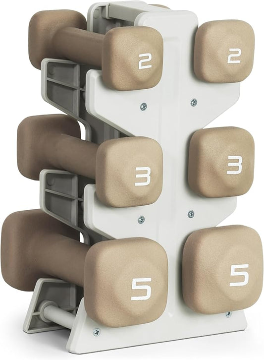 Tone Fitness Neoprene Dumbbell Set with Storage Rack – Non-Slip, Anti-Roll Hand Weights for Home Gym Workouts | 20 lb, 32 lb, & 50 lb Options