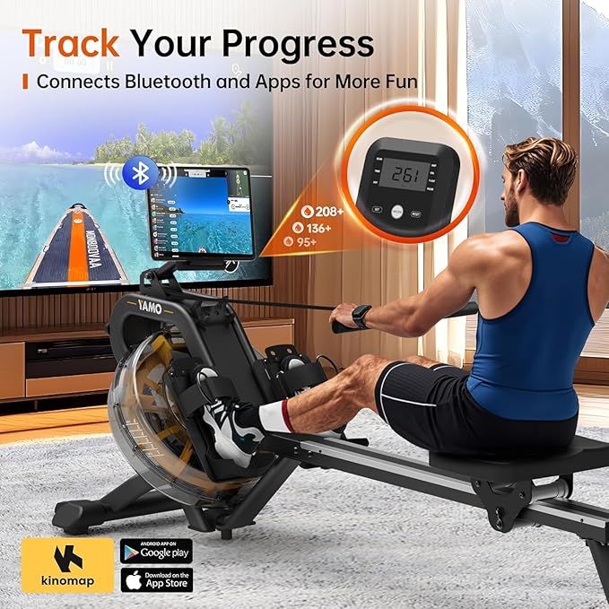 YAMO Water Rowing Machine for Home, Row Machine with 330LB Weight Capacity, Support Bluetooth & Compatible with Apps, Water Row Machine with Comfortable Seat and Tablet Holder