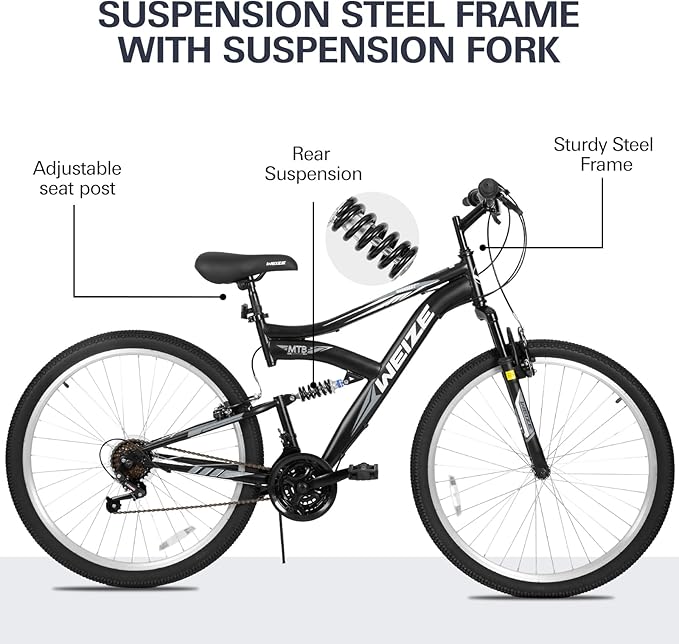 WEIZE Mountain Bike, 26/27.5 inch Outdoor Cycling Bike,18-Speed/High-Carbon Steel/Dual Full Suspension, Adjustable Ergonomic Seat for Men Women Adult, MTB Bicycle with Suspension Fork,Sleek Colors