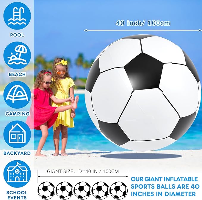 Lewtemi Giant Inflatable Sports Balls Large Inflatable Beach Ball Baseballs Soccer Rainbow Basketball Football for Sport Birthday Party Favor(2 Pcs,Soccer, Baseball,40 Inch)