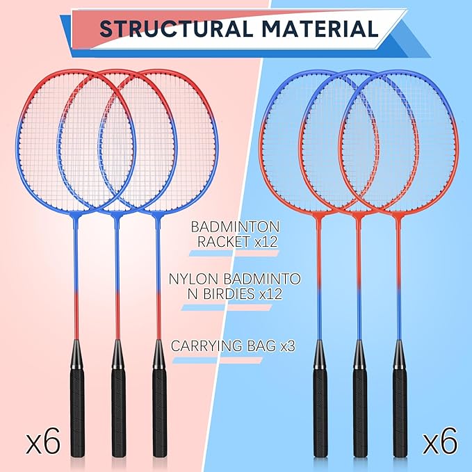 12 Pack Badminton Rackets Set Including Rackets, Nylon Shuttlecocks and Carry Bag for Outdoor Backyard Games Beginners