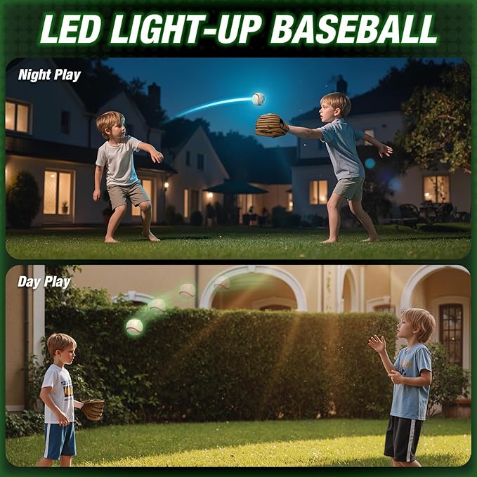 Kids Baseball Glove with Light Up Baseball/LED Rechargeable, 9 Lighting Modes Official Size Leather Weighted Glow Baseballs for Day Night, Sport Toys Games Gifts for Youth Boys
