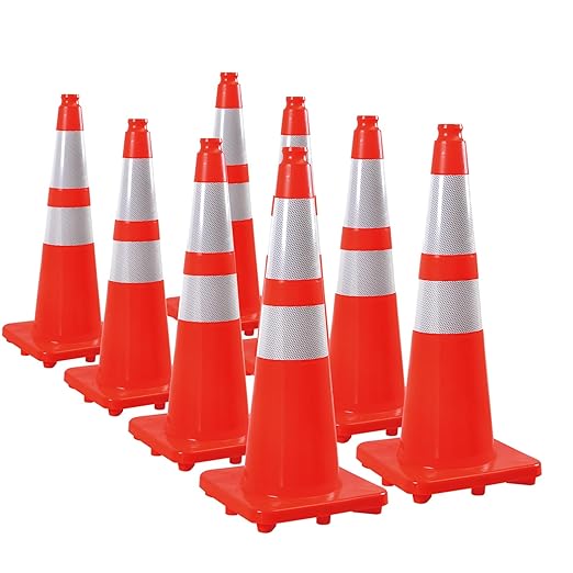 28" Traffic Cones (8 Pack) – Durable Orange PVC Safety Cones with Reflective Collars for Parking, Construction, Roadwork & Driving Practice