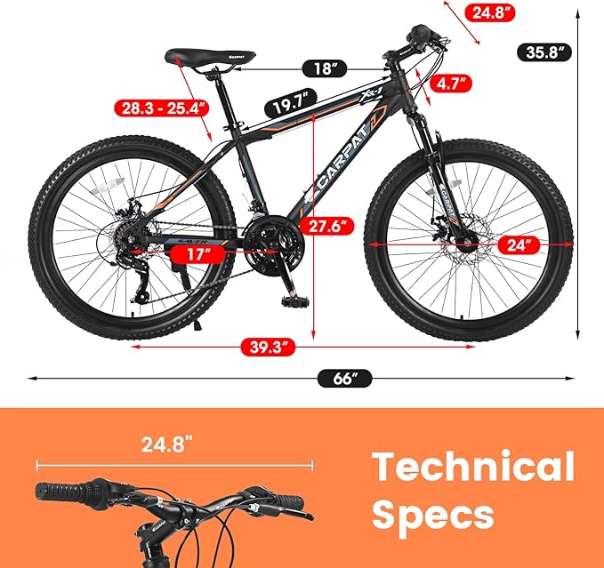 24/26 Inch Mountain Bike, 21 Speed Mountain Bicycle with High Carbon Steel Frame, Dual Disc Brakes and Front Suspension, MTB Bike for Adult Teenagers Boys Girls