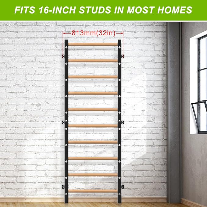 Wood Stall Bar, 2"x2" Swedish Ladder with 1" Hole, 11 Strategic Rods, Wall Mounted Suspension Trainer for Home, Gym, School and Clinic