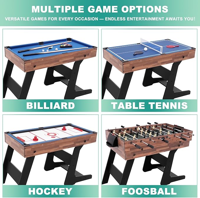 4-in-1 Multi Game Table, 54“ Foldable Combo Game Table Set with Ping Pong, Hockey, Pool Billiards and Foosball for Adults, Home, Game Room, Friends & Family(Dark Wood Grain)