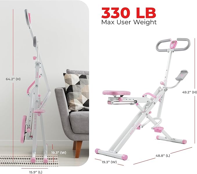 Sunny Health & Fitness Smart Upright Row-N-Ride Trainer w/Adjustable Resistance & 330LB Weight Capacity, Foldable Home Exercise Equipment for Arm, Glute & Leg Training, Free SunnyFit App Connection