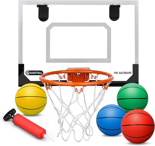 Mini Basketball Hoop Set for Kids Adults, Indoor Play Wall Mount Basketball Hoop for Door with 4 Small Replacement Toddler Basketballs, ABS Backboard Metal Rim Goal Sport Gifts for Pool Game Fun