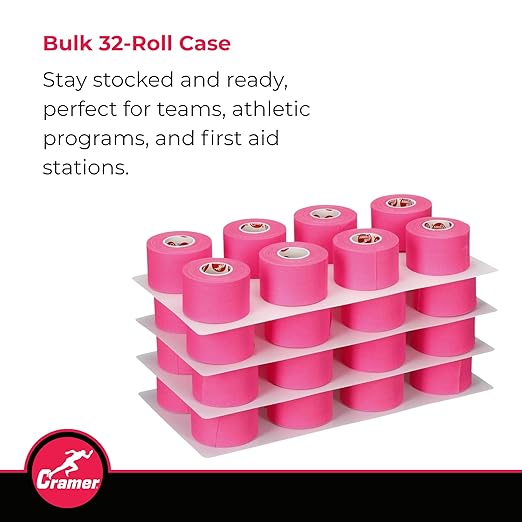 Cramer Team Color Athletic Tape, Pink, Latex-Free, 1.5" x 10yds, 32 Roll Bulk Case, Tearable Sports Tape for Wrists, Ankles, Baseball, Training, Strong Athletic Wrap for Athletes & Trainers
