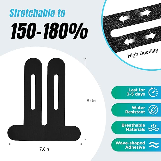 Waterproof Kinesiology Tape for Shoulders/Knees, 10 Precut Strips for Knee Pain Relief & Stability Support (Black), Elastic Strong Adhesive Athletic Tape, Latex-Free Hypoallergenic Sports Tape