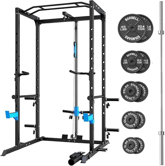 Power Cage, Multi-Functional Power Rack with J-Hooks, Dip Handles, Landmine Attachment and Optional Cable Pulley System for Home Gym