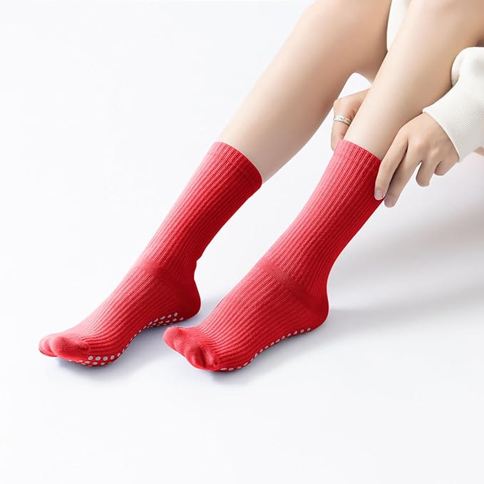 Yoga Pilates Socks with Grips for Women Non Slip Solid Colored Cushioned Crew Compression Socks for Barre Ballet Dance