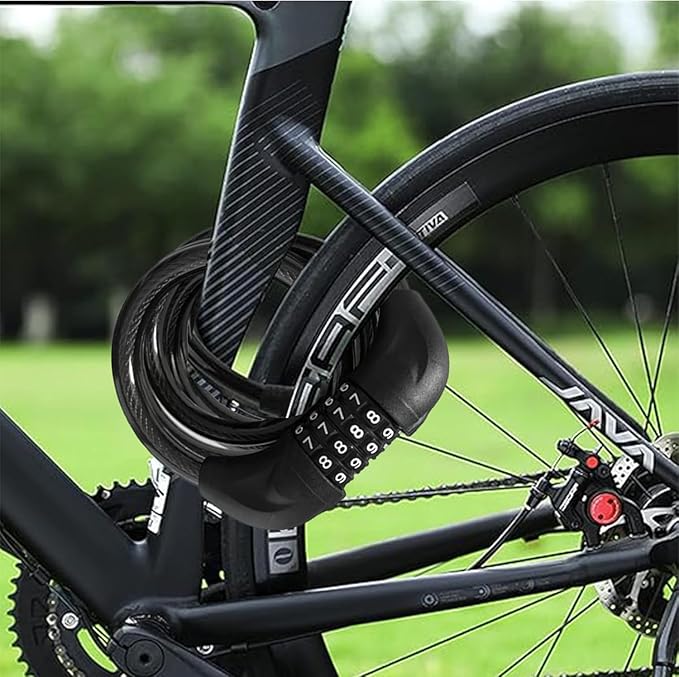 Bike Cable Lock, 4 Digit Resettable Combination Lock, 6FT Long Heavy Duty Steel Cable with Waterproof Vinyl Coating Anti Theft Security Lock for Road Bike E-Bike Scooter Fence Gate Toolbox