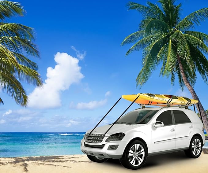 DRSPORTS 2 Pairs Heavy Duty Universal J-Bar Kayak Rack Roof Top Carrier for Kayak Canoe Paddle Boat Mounted on Car SUV, Car and Truck Crossbar with 4 pcs Tie Down Straps