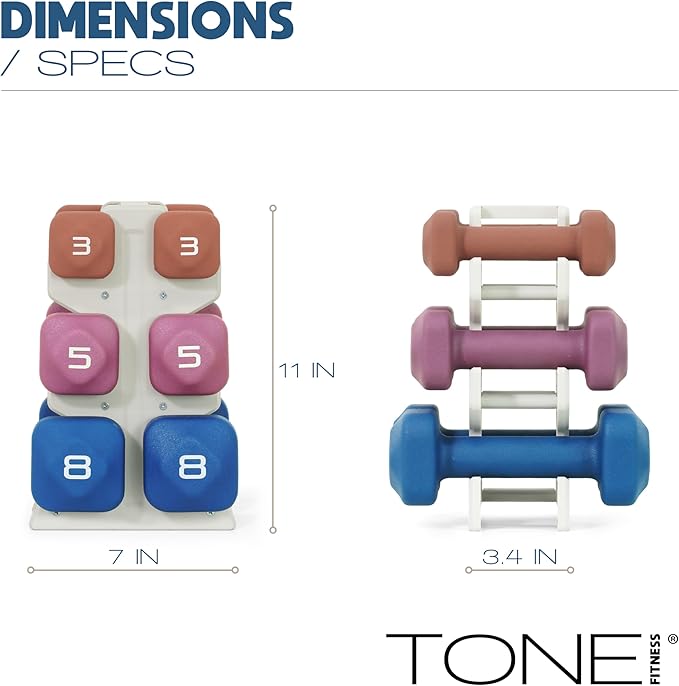 Tone Fitness Neoprene Dumbbell Set with Storage Rack – Non-Slip, Anti-Roll Hand Weights for Home Gym Workouts | 20 lb, 32 lb, & 50 lb Options