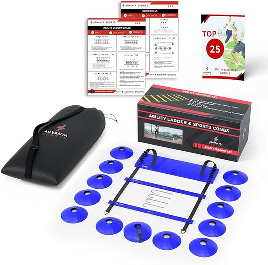 DELUXE EDITION Agility Ladder Training Set - 13 Rung 21ft Agility Ladder w/13 Disc Cones, Carry Bag - Improve Speed & Strength Soccer, Football, Basketball w/4 Steel Pegs for Outdoor Workout Charts