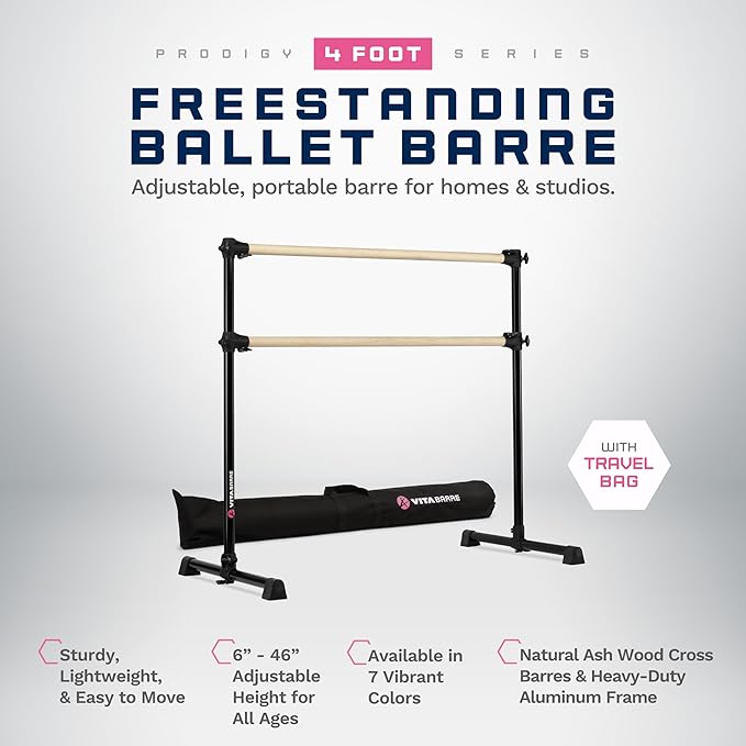 VITA Barre Portable Freestanding Double Ballet Barre, Prodigy, with Carry Bag | Adjustable Height, USA Made, Home or Gym Exercise Equipment for Kids & Adults | Dance, Fitness, Pilates