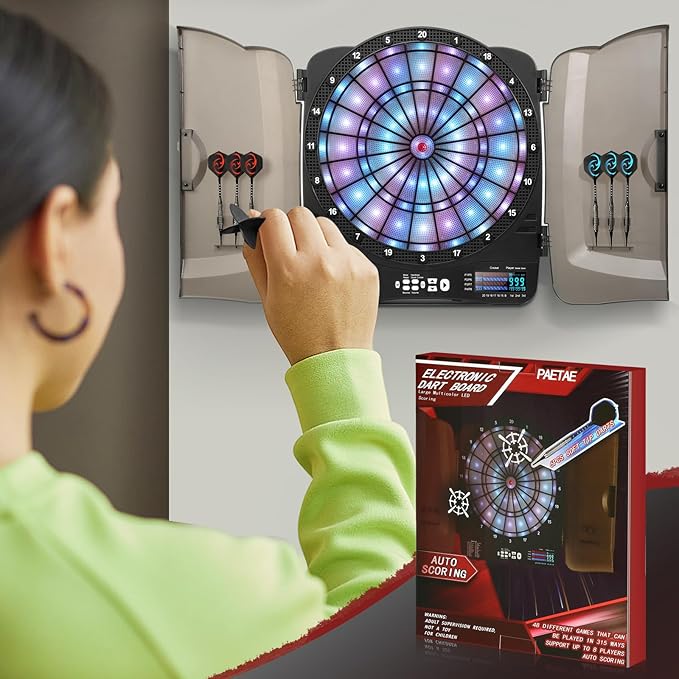 Electronic Dart Board Cabinet Set, Illuminated Target Dartboard for Adults Kids, 48 Games with 315 Variations Soft Tip Digital Dartboard Cabinets with 6 Darts, 100PCS Soft Tips