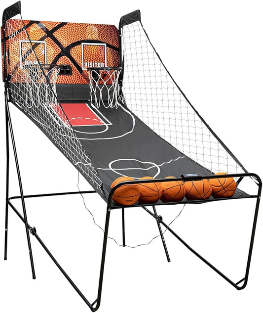 Dual Hoop Basketball Arcade Game, 8 Game Modes Foldable Shot 2Player w/ 5 Balls, Inflation Pump and LED Scoring System, Indoor Basketball for All Players, Home, Playground, Shopping Malls