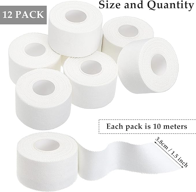 Hoolerry 12 Rolls 130 Yard Athletic Sports Tape Pre Wrap Very Strong Easy Tear No Sticky Residue Tape for Fingers Ankles Wrist Injury Wrap, Football Baseball Hockey Soccer(1.5 in,White)