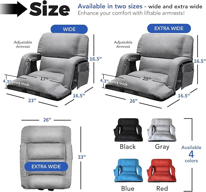 Wide Stadium Seats with Back Support, Exclusive Sofa Style Design Extra Thick Bleacher Chairs with Back and Cushion, 6 Reclining Positions - Ultimate Comfort for Sports Events (Grey, 25")