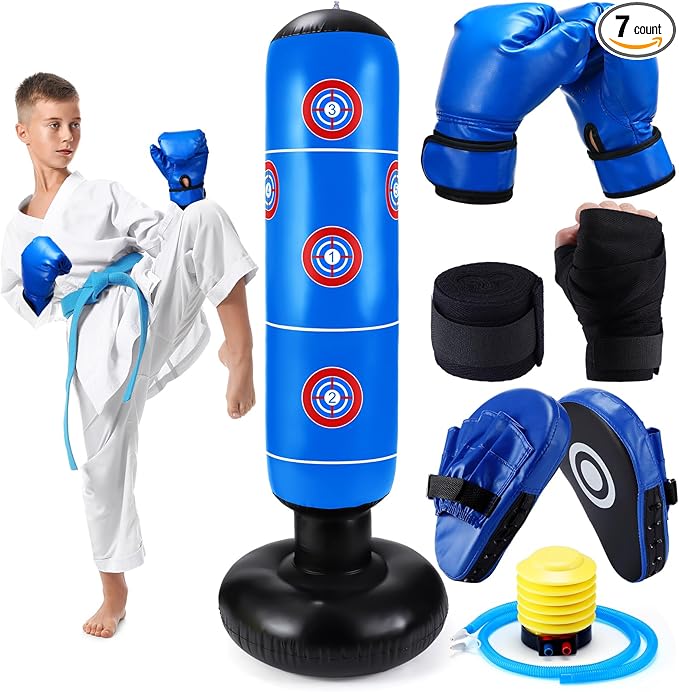 7 Pcs Kids Punching Bag Set Include Boxing Gloves, Inflatable Punching Bag, Hand Wraps, Hand Pads, Air Pump, Kids Boxing Training Set for Karate Kickboxing Taekwondo